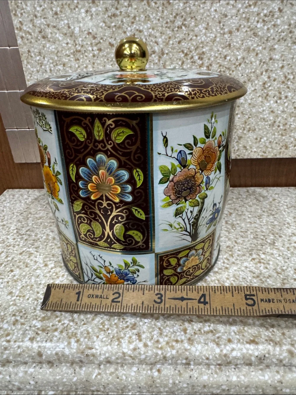 Decorative Floral Tin Canister Made in England with Gold Accent Lidded